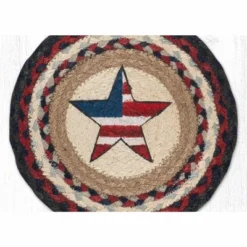 Earth Rugs Americana Star Jute Trivet – 10"x10" Round Braided Hot Pad, Hand-Stenciled Red White Blue Patriotic Design