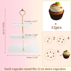 Unique Bargains 3 Tier Dessert Cupcake Stand Square Cup Cake Holder Tower With Tiered Serving Tray For Donuts Fruits White Gold Tone