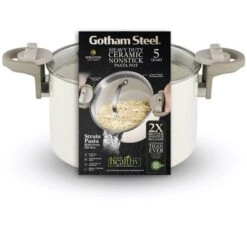 Gotham Steel Cream Ultra Nonstick Ceramic 5 Qt Pasta Pot With Strainer And Twist & Lock Handles
