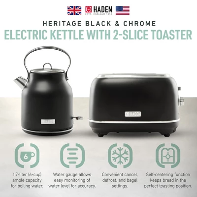 Haden Heritage 2 Slice Wide Slot Stainless Steel Toaster Bundled With 1.7 Liter Stainless Steel Electric Water Kettle, Black & Chrome 3 Haden Heritage 2 Slice Wide Slot Stainless Steel Toaster Bundled With 1.7 Liter Stainless Steel Electric Water Kettle, Black & Chrome
