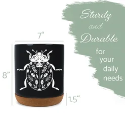 Elanze Designs 8 Inch Floral Beetle Large Ceramic Kitchen Utensil Holder Black And White Crock With Cork Base