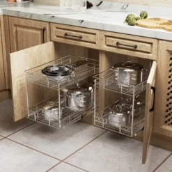 LOVMOR Pull Out Cabinet Organizer And Storage (17" W X 21" D) 2-Tier Pull Out Shelf Storage For Kitchen Base Cabinet Silver