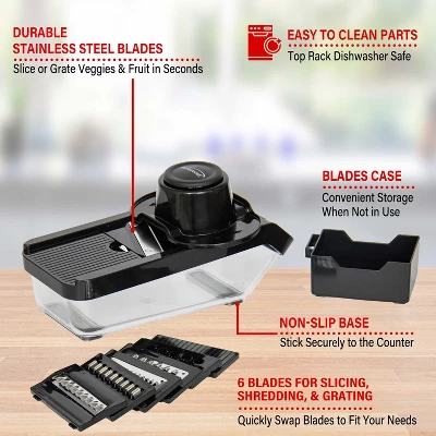 Brentwood Mandoline Slicer And Cheese Grater With 3.6-Cup Storage Container And 6 Interchangeable Stainless Steel Blades, Black 7 Brentwood Mandoline Slicer And Cheese Grater With 3.6-Cup Storage Container And 6 Interchangeable Stainless Steel Blades, Black - Image 5
