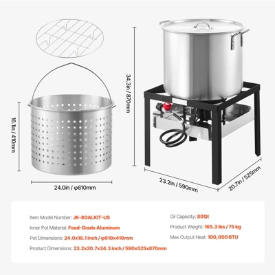 VEVOR 80 Qt Seafood Boiling Kit With Strainer, Outdoor Seafood Boil Pot And Basket, Cooking Set For Crab Crawfish Lobster Boiling, Silver 9 VEVOR 80 Qt Seafood Boiling Kit With Strainer, Outdoor Seafood Boil Pot And Basket, Cooking Set For Crab Crawfish Lobster Boiling, Silver - Image 7