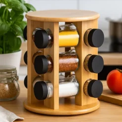 Glass Spice Jar Set With Rotating Bamboo Rack – 12 Pc Spice Container With Airtight Black Lid For Herbs & Seasoning, Space-Saving Countertop Organizer