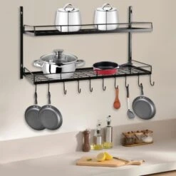YIYIBYUS Hanging Pot Rack Wall Mounted 2 Tiers Pot And Pan Hanging Rack With 10 Hooks Kitchen Pan And Pot Hanger For Pot Storage Rack