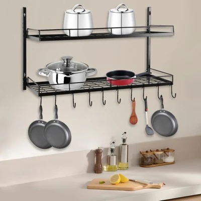 YIYIBYUS Hanging Pot Rack Wall Mounted 2 Tiers Pot And Pan Hanging Rack With 10 Hooks Kitchen Pan And Pot Hanger For Pot Storage Rack 3 YIYIBYUS Hanging Pot Rack Wall Mounted 2 Tiers Pot And Pan Hanging Rack With 10 Hooks Kitchen Pan And Pot Hanger For Pot Storage Rack