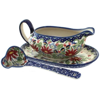 Blue Rose Polish Pottery S119 Manufaktura Gravy Boat Plate & Ladle 10 Blue Rose Polish Pottery S119 Manufaktura Gravy Boat Plate & Ladle - Image 8