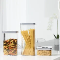 3-Piece Dry Food Storage Container Set 7, 2, 3 Qt – With Airtight Locking Lids, Clear Stackable Pantry Organizer