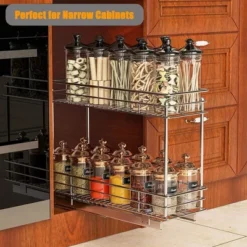 LOVMOR Pull Out Spice Rack For Narrow Cabinet (5?" W X 21" D),2 Tier Slide Out Cabinet Organizer And Pull Out Shelves Under