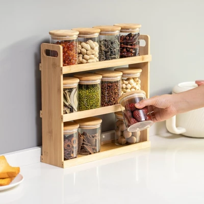 Basicwise Bamboo Spice Rack & Pantry Organizer Witj Glass Jars – Perfect For Countertop Storage In Kitchens To Keep Containers Neatly Displayed 4 Basicwise Bamboo Spice Rack & Pantry Organizer Witj Glass Jars – Perfect For Countertop Storage In Kitchens To Keep Containers Neatly Displayed - Image 2
