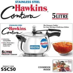 Hawkins 5L Stainless Steel Contura Induction Compatible Pressure Cooker: Cool Touch Handle, Hand Wash, Stovetop Use