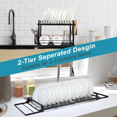 DOMETOUR 2 Piece Dish Drying Rack With Pot Organizer Rack 2 Tier Dish Rack With Drainboard & 8 Adjustable Pan Organizer For Kitchen Counter Storage 9 DOMETOUR 2 Piece Dish Drying Rack With Pot Organizer Rack 2 Tier Dish Rack With Drainboard & 8 Adjustable Pan Organizer For Kitchen Counter Storage - Image 7