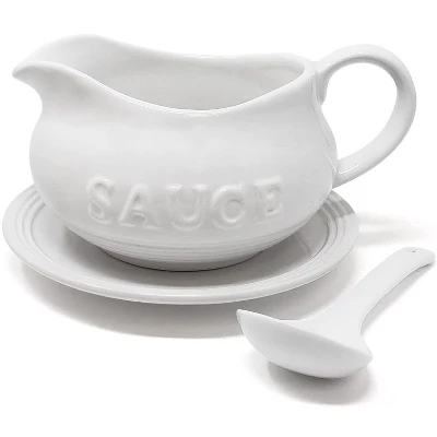 KOVOT 24 Oz Gravy Boat, Tray And Ladle Set - Perfect For Gravies, Sauces, And Dressings - White Elegant Ceramic With The Word "Sauce" On It 8 KOVOT 24 Oz Gravy Boat, Tray And Ladle Set - Perfect For Gravies, Sauces, And Dressings - White Elegant Ceramic With The Word "Sauce" On It - Image 6
