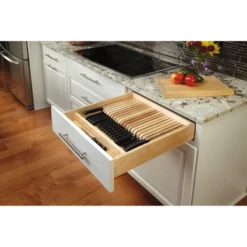 Rev-A-Shelf 4WDKB-1 2-Row Trimmable 55 Slot Knife Block Tray Kitchen Drawer Organizer Insert With Utensil Holder Tray