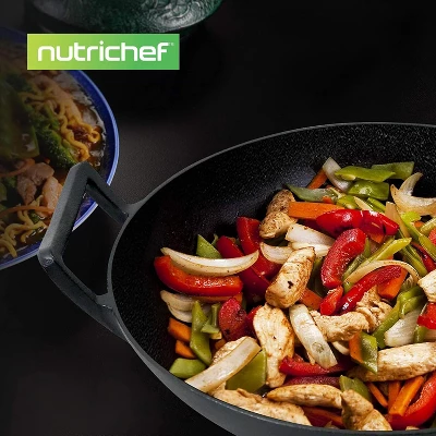 NutriChef 5.8-Quart Pre-Seasoned Cast Iron Wok With Wooden Lid NCCIWOK60 - Black 3 NutriChef 5.8-Quart Pre-Seasoned Cast Iron Wok With Wooden Lid NCCIWOK60 - Black