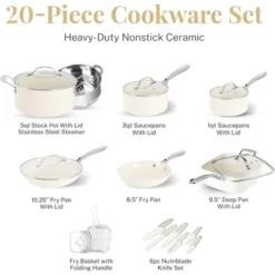 Gotham Steel Cream 20 Piece Cookware Set And Nutriblade Knife Set