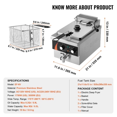 VEVOR Commercial Deep Fryer, 1750W Electric Countertop Fryer With Basket, 9Qt /8.5 L Single Oil Fryer, 1mm Thickened Stainless Steel, Silver 9 VEVOR Commercial Deep Fryer, 1750W Electric Countertop Fryer With Basket, 9Qt /8.5 L Single Oil Fryer, 1mm Thickened Stainless Steel, Silver - Image 7