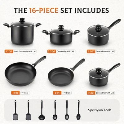 SKONYON 16Pcs Nonstick Pots And Pans Set Hard-Anodized Cookware Set With Lid And Cooking Utensils 4 SKONYON 16Pcs Nonstick Pots And Pans Set Hard-Anodized Cookware Set With Lid And Cooking Utensils - Image 2