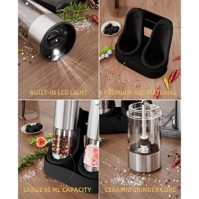 SUGIFT Electric Salt And Pepper Grinder Set Rechargeable Stainless Steel Mills With LED Light Adjustable Coarseness Type C Charging Base 95ml Capacity 10 SUGIFT Electric Salt And Pepper Grinder Set Rechargeable Stainless Steel Mills With LED Light Adjustable Coarseness Type C Charging Base 95ml Capacity - Image 8