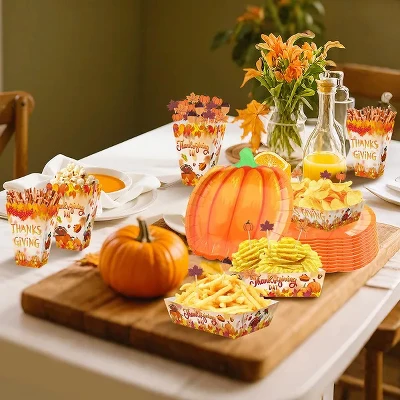 Racxily 134 Pcs Thanksgiving Party Tableware Set Include Pumpkin Paper Plates Popcorn Boxes Food Trays 6 Racxily 134 Pcs Thanksgiving Party Tableware Set Include Pumpkin Paper Plates Popcorn Boxes Food Trays - Image 4