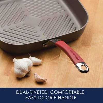Rachael Ray 11" Hard-Anodized Nonstick Deep Square Grill Pan - Gray With Cranberry Red Handle: Griddle Pan, Rust-Resistant 6 Rachael Ray 11" Hard-Anodized Nonstick Deep Square Grill Pan - Gray With Cranberry Red Handle: Griddle Pan, Rust-Resistant - Image 4