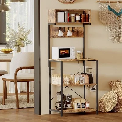 Acekool 4-Tier Bakers Rack With Power Outlets, Kitchen Microwave Stand, Storage Organizer, Shelf With Hooks, Coffee Bar Rack, Brown 11 Acekool 4-Tier Bakers Rack With Power Outlets, Kitchen Microwave Stand, Storage Organizer, Shelf With Hooks, Coffee Bar Rack, Brown - Image 9