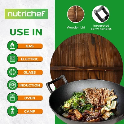 NutriChef 5.8-Quart Pre-Seasoned Cast Iron Wok With Wooden Lid NCCIWOK60 - Black 5 NutriChef 5.8-Quart Pre-Seasoned Cast Iron Wok With Wooden Lid NCCIWOK60 - Black - Image 3