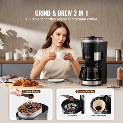 VEVOR Coffee Maker With Grinder, 10 Cup Coffee Machine, Grind And Brew Coffee Maker With 3 Brew Strength Control, Drip Coffee Maker 4 VEVOR Coffee Maker With Grinder, 10 Cup Coffee Machine, Grind And Brew Coffee Maker With 3 Brew Strength Control, Drip Coffee Maker - Image 2