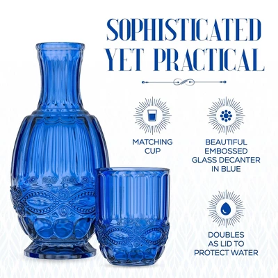 Elle Decor Bedside Water Carafe With Tumbler, 33-Ounce Pitcher And Matching Drinking Glass, Use Cup As A Lid For Carafe, Blue 4 Elle Decor Bedside Water Carafe With Tumbler, 33-Ounce Pitcher And Matching Drinking Glass, Use Cup As A Lid For Carafe, Blue - Image 2
