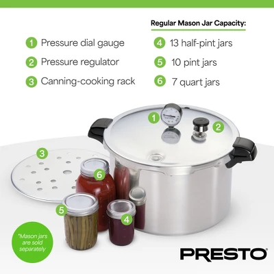 Presto Pressure Canner, Aluminum Boiling Water Canner With Rack, Gauge, And Induction Capability For Kitchen, Silver 4 Presto Pressure Canner, Aluminum Boiling Water Canner With Rack, Gauge, And Induction Capability For Kitchen, Silver - Image 2