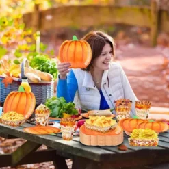 Racxily 134 Pcs Thanksgiving Party Tableware Set Include Pumpkin Paper Plates Popcorn Boxes Food Trays