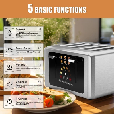 WHALL ULTRA 4 Slice Toaster, Stainless Steel Toaster With Touchscreen, Dual Control Panel, Extra Wide Slot Toaster 4 Slice 4 WHALL ULTRA 4 Slice Toaster, Stainless Steel Toaster With Touchscreen, Dual Control Panel, Extra Wide Slot Toaster 4 Slice - Image 2