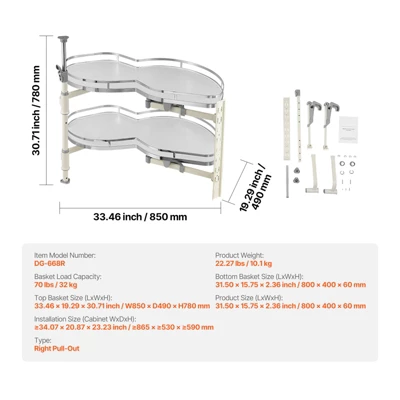 VEVOR Swing Right Blind Corner Cabinet, Pull Out Organizer For 36 Inch Width Blind Cabinet, 2 Tier Height Adjustable Swing Tray, Silver 9 VEVOR Swing Right Blind Corner Cabinet, Pull Out Organizer For 36 Inch Width Blind Cabinet, 2 Tier Height Adjustable Swing Tray, Silver - Image 7