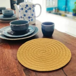 Home Marts Goods Gold Extra Thick Woven Trivet Round Placemats Natural Cotton Hot Potholder Mat Heat Resistant - 8"x8"(Pack Of 4)