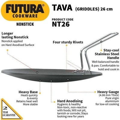 Hawkins Futura 10" Non Stick Concave Tava Griddle With Steel Handle: Anodized Aluminum, Gas Compatible, Hand Wash 3 Hawkins Futura 10" Non Stick Concave Tava Griddle With Steel Handle: Anodized Aluminum, Gas Compatible, Hand Wash