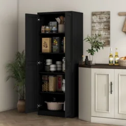 Yukimo 63" Cinnamon Black Wood Grain Kitchen Pantry, Freestanding Cabinet With 2 Adjustable Shelves, Elegant Handles, Anti-Tipping Safety Feature