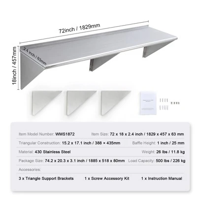 VEVOR 18" X 72" Stainless Steel Shelf, Wall Mounted Floating Shelving With Brackets, 500 Lbs Load Capacity Commercial Shelves 9 VEVOR 18" X 72" Stainless Steel Shelf, Wall Mounted Floating Shelving With Brackets, 500 Lbs Load Capacity Commercial Shelves - Image 7