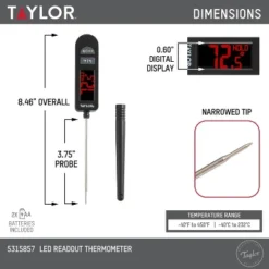 Taylor Digital LED Kitchen Meat Cooking Thermometer Black: Instant Read, Oversized Display, -40 To 450°F, Battery Included