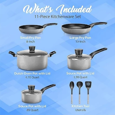 SereneLife 11 Piece Kitchenware Pots & Pans Set – Basic Kitchen Cookware, Black Non-Stick Coating Inside, Heat Resistant Lacquer (Grey) 3 SereneLife 11 Piece Kitchenware Pots & Pans Set – Basic Kitchen Cookware, Black Non-Stick Coating Inside, Heat Resistant Lacquer (Grey)