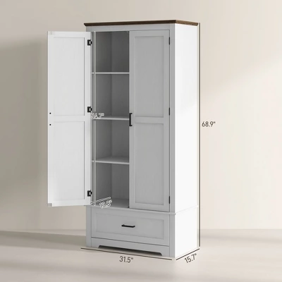 Yukimo 69" Kitchen Pantry Cabinet, White, With 2 Doors, Drawer & Adjustable Shelves, Freestanding Storage Solution For Dining Room 4 Yukimo 69" Kitchen Pantry Cabinet, White, With 2 Doors, Drawer & Adjustable Shelves, Freestanding Storage Solution For Dining Room - Image 2