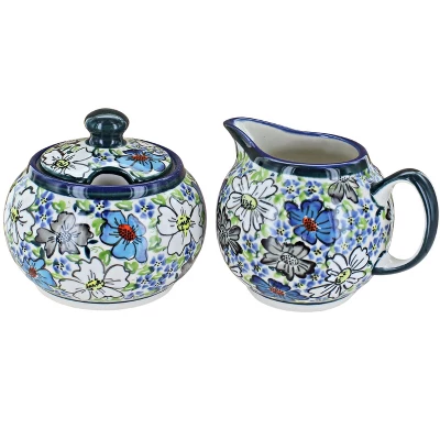 Blue Rose Polish Pottery 694-711 Zaklady Cream & Sugar Set 6 Blue Rose Polish Pottery 694-711 Zaklady Cream & Sugar Set - Image 4