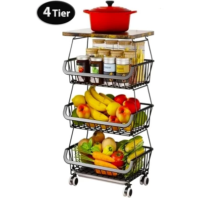 4 Tier Fruit Storage Basket,Kitchen Storage Rack With Rollers For Pantry 8 4 Tier Fruit Storage Basket,Kitchen Storage Rack With Rollers For Pantry - Image 6