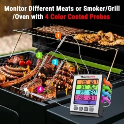 ThermoPro TP17HW 4 Probe Digital Meat Thermometer With Timer Mode And HIGH/LOW Alarms Grill Smoker Thermometer With Large Color Coded LCD Display And