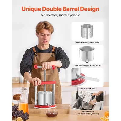 VEVOR 0.44 Gal/1.65L Fruit Wine Press, 2 Stainless Steel Barrels, Manual Juice Maker, Cider Apple Grape Tincture Honey Olive Oil Making Press, Red 7 VEVOR 0.44 Gal/1.65L Fruit Wine Press, 2 Stainless Steel Barrels, Manual Juice Maker, Cider Apple Grape Tincture Honey Olive Oil Making Press, Red - Image 5