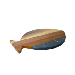 Slickblue Stylish Fish Shaped Acacia Wood & White/Black Marble Board For Serving, Cutting, And Charcuterie, 11.75"x7.75"
