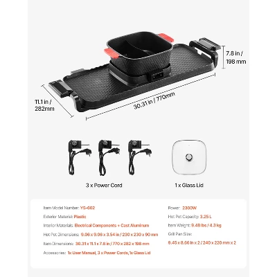 VEVOR Hot Pot with Grill, 2300W 2-in-1 Electric Smokeless Grill and Hot Pot, Removable Shabu-shabu Hotpot with Non-stick Pan, Black 9 VEVOR Hot Pot with Grill, 2300W 2-in-1 Electric Smokeless Grill and Hot Pot, Removable Shabu-shabu Hotpot with Non-stick Pan, Black - Image 7
