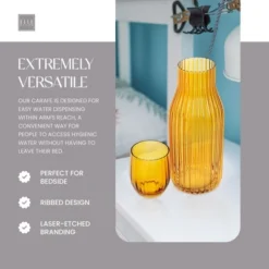 Elle Decor Ribbed Bedside Water Carafe With Tumbler Set, Ribbed Glass Pitcher And Matching Drinking Glass Doubles As Lid, 39-Ounce
