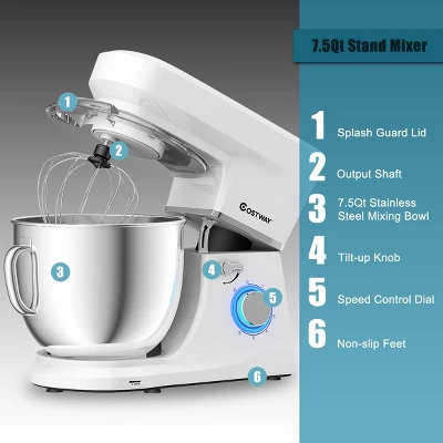 Costway Tilt-Head Stand Mixer 7.5 Qt 6 Speed 660W With Dough Hook, Whisk & Beater White 6 Costway Tilt-Head Stand Mixer 7.5 Qt 6 Speed 660W With Dough Hook, Whisk & Beater White - Image 4