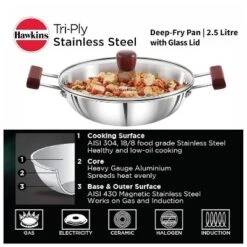 Hawkins 2.5L Tri Ply Stainless Steel Induction Compatible Deep Fry Pan Kadhai With Glass Lid: Hand Wash, Gas & Induction Safe